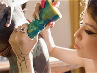 TwoTattooed Lesbian Anal Gape and Squirt and Big Toy