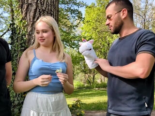 Horny Blonde Gets Surrounded By Two Guys For Wild MMF Threesome