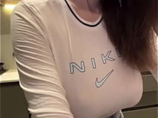 Stepmom in short T-shirt shows milky tits