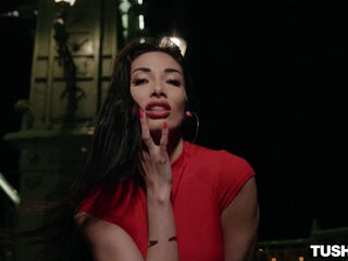 Bombshell brunette in red lingerie gets her tight asshole destriyed with a huge white cock in doggystyle position