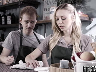 Petite blonde barista blows and fucks her cheating BF in the cafe