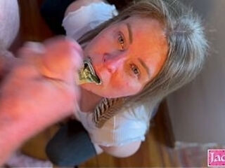 Jade Kink sucking balls, stuffing pussy with a bill, and getting a facial cumshot