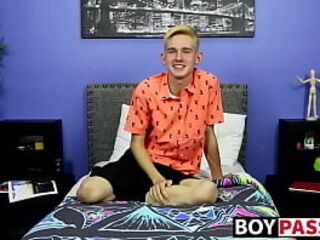 Skinny little twink with big fat dick tugs after interview