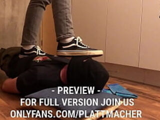 Human doormat licking the vans of the Master