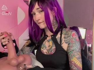Purple haired teen jerks a rubber dick and sucks her butt plug JOI