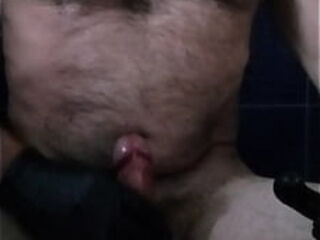 Hard Cum in cockbelt with gloves and rubber butt vibrator