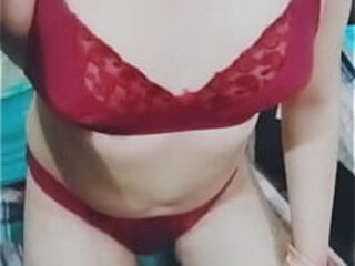 Indian Trans Woman Gaurisissy in red honeymoon bra panty looking so hot and sexy