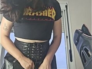 Goth Trans Goddess Humiliates You Then Strips &amp_ Cums in Black Leather