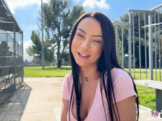 Brunette Cara Melle begs for finish after deep doggy pose stretch