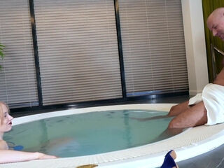 Slim Busty Blonde Teen Pleases A Big-dicked Old Guy With a Hot Combination Of BJ & Titjob In Jacuzzi