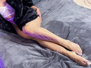 Squirt and Pulsating Pussy Orgasm Experienced by Hot Brunette in Fur Coat and Pantyhose while Masturbating Cunt with Big Vibrator