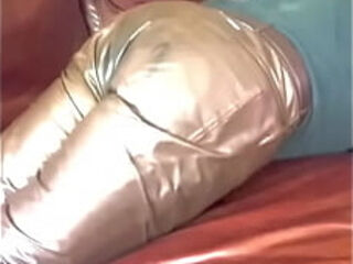 Man masturbating in leather pants