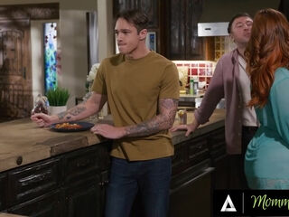 Slutty redhead fools around with stepson while her hubby watches them fuck