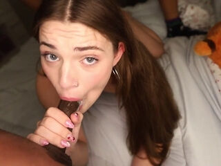 Teenage slut creampied by two big black cocks in an MMF threesome