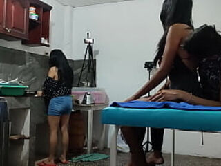 A woman visits her friend, and then a neighbor arrives to have a romance at the house. They touch each other and want to fuck.