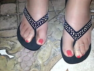myself teasing in the garage with my pretty nylon feet in taupe nylons
