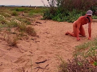 naked pathetic white slave cruising in penis cage at the gay beach banana cucumber fuck, CMNM