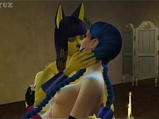 Jinx catches Ankha fingering and joins her on a lesbian duo (League of Legends &amp_ A Crossing)