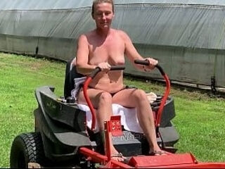 Neighbor, riding lawnmower, naked outdoors