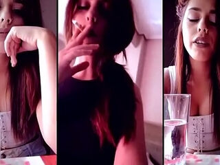 Super sexy young brunette blowing incredibly hot smoke! 3 way split screen!