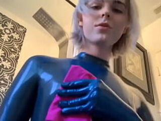 Blonde cosplay tgirl strokes her shecock