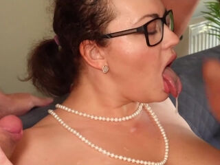 Lustful BBW secretary pleases boss and his colleague in front of bodyguard