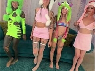 Adorable Inked Girl in Cute Outfit Rides on Massive Dildo