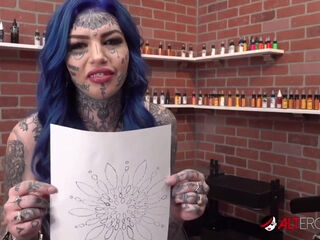 Inked Blue-Haired Skinny Beauty Gets Mouth and Pussy Fucked Before New Anal Tattoo